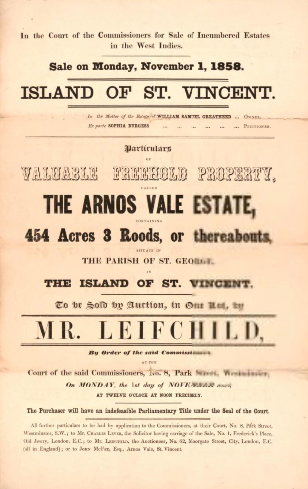 The auction particulars of Arnos Vale Estate in the Parish of St. George and Island of St. Vincent, 1858